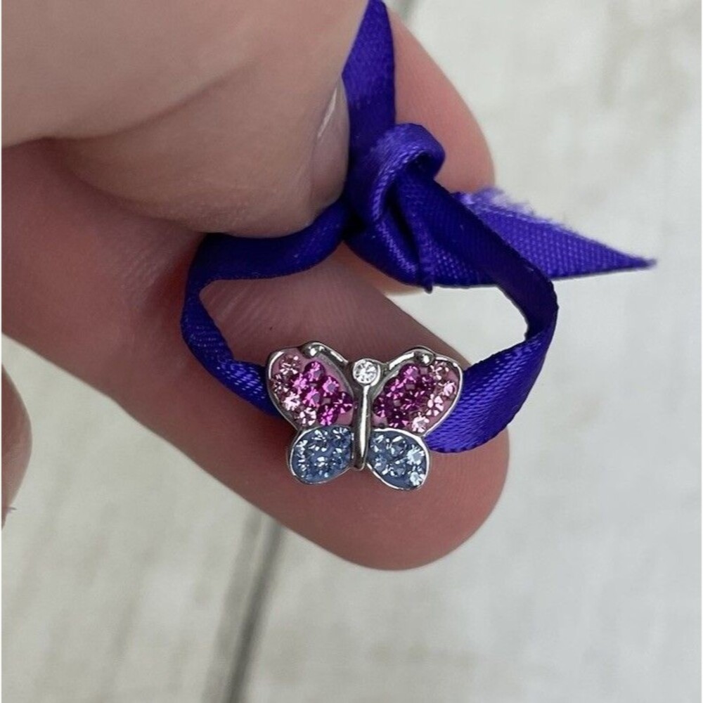 Hallmark Connections Bead Charm Butterfly Pink Blue Rhinestones Stainless Steel